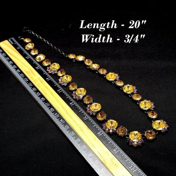 Vintage Yellow Gold Rhinestone Necklace, Lavender Rhinestones, Gunmetal, 20 In - Picture 5 of 9